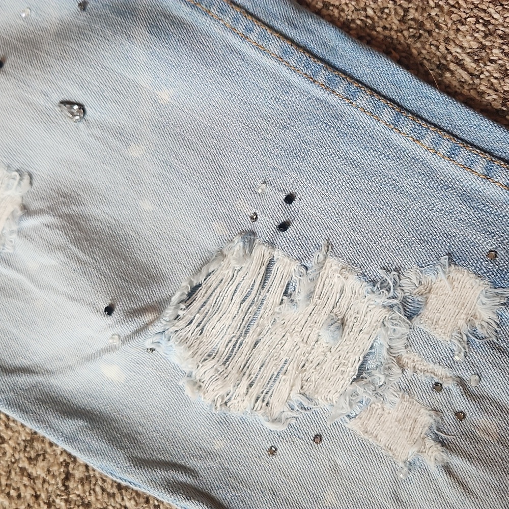 Free People | Distressed & Bedazzeled Light Blue Jeans - Picture 10 of 14